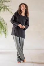 Cotton blouse, 'Modern Look in Black' - Long-Sleeve Cotton Gauze Blouse from Thailand