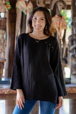 Cotton blouse, 'Modern Look in Black' - Long-Sleeve Cotton Gauze Blouse from Thailand