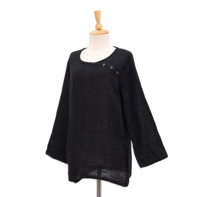 Long-Sleeve Cotton Gauze Blouse from Thailand - Modern Look in Black ...