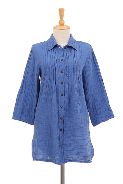 Cotton shirt, 'Periwinkle Pintucks' - Blue Cotton Gauze Shirt from Thailand