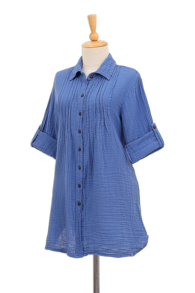 Blue Cotton Gauze Shirt from Thailand - Periwinkle Pintucks | NOVICA
