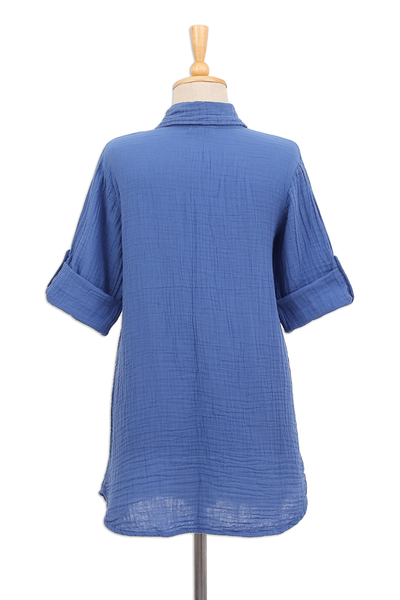Cotton shirt, 'Whip Smart in Blue' - Blue Cotton Gauze Shirt from Thailand