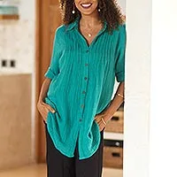 Featured review for Cotton shirt, Sea Green Pintucks