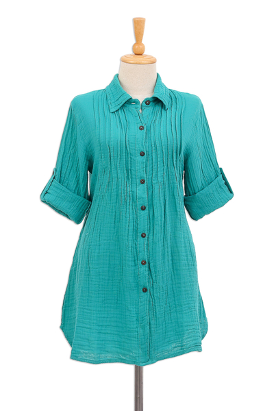 Cotton shirt, 'Sea Green Pintucks' - Button-Up Cotton Gauze Shirt from Thailand