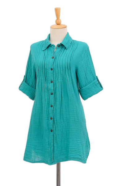 Cotton shirt, 'Sea Green Pintucks' - Button-Up Cotton Gauze Shirt from Thailand