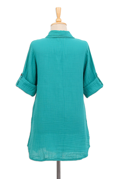 Cotton shirt, 'Whip Smart in Green' - Button-Up Cotton Gauze Shirt from Thailand