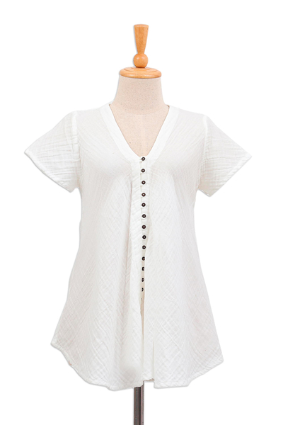 Cotton blouse, 'White Flair' - Buttoned Cotton Gauze Blouse with Short Sleeves