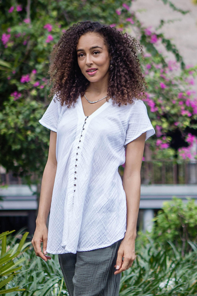 Cotton blouse, 'Early Start in White' - Buttoned Cotton Gauze Blouse with Short Sleeves