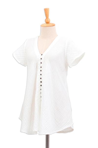 Blusa de algodón - Blusa de gasa de algodón con botones y manga corta