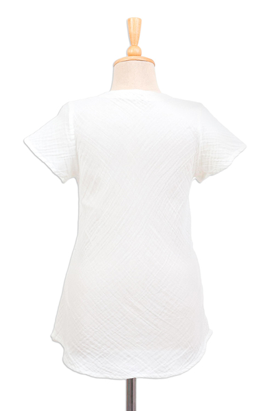 Cotton blouse, 'Early Start in White' - Buttoned Cotton Gauze Blouse with Short Sleeves