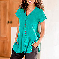 Cotton blouse, 'Early Start in Green' - Cotton V-Neck Blouse with Coconut Shell Buttons