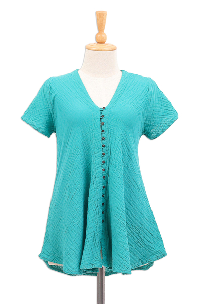 Cotton blouse, 'Sea Green Flair' - Cotton V-Neck Blouse with Coconut Shell Buttons