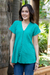 Cotton blouse, 'Sea Green Flair' - Cotton V-Neck Blouse with Coconut Shell Buttons (image 2b) thumbail