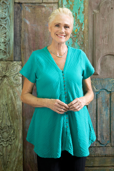 Cotton blouse, 'Sea Green Flair' - Cotton V-Neck Blouse with Coconut Shell Buttons