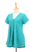 Cotton blouse, 'Sea Green Flair' - Cotton V-Neck Blouse with Coconut Shell Buttons (image 2g) thumbail