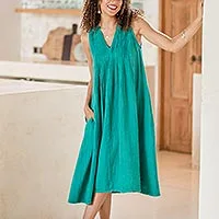 Cotton A-line dress, 'A Day Off in Teal' - Sleeveless Cotton A-Line Dress from Thailand