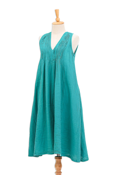 Cotton A-line dress, 'Good Fortune' - Sleeveless Cotton A-Line Dress from Thailand