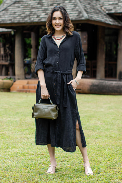 Black Belted Cotton Shirtwaist Dress from Thailand - Street Smarts in Black