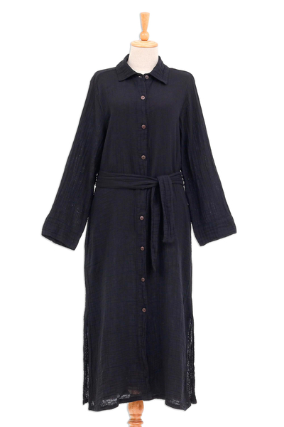 Black Belted Cotton Shirtwaist Dress from Thailand