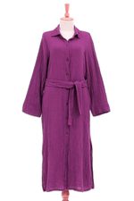 Cotton shirtwaist dress, 'Street Smarts in Mulberry' - Handmade Belted Cotton Shirtwaist Dress from Thailand