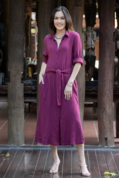 Cotton shirtwaist dress, 'Street Smarts in Mulberry' - Handmade Belted Cotton Shirtwaist Dress from Thailand