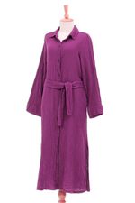 Cotton shirtwaist dress, 'Street Smarts in Mulberry' - Handmade Belted Cotton Shirtwaist Dress from Thailand