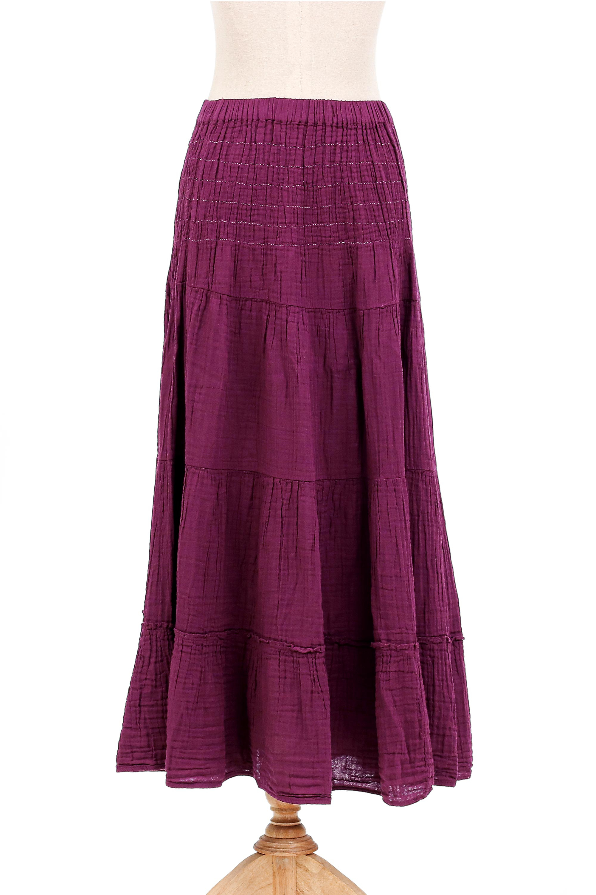 Thai Cotton Double Gauze Skirt - A Day Out in Mulberry | NOVICA