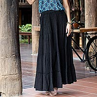 Falda de algodón, 'Simple Vow in Black' - Falda de gasa de algodón negra de Tailandia