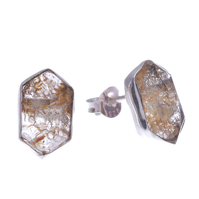 Quartz stud earrings, 'Cool Glitter' - Handmade Sterling Silver and Quartz Stud Earrings