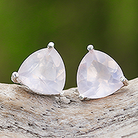Rose quartz stud earrings, 'Miss Me - Rose Quartz and Sterling Silver Stud Earrings