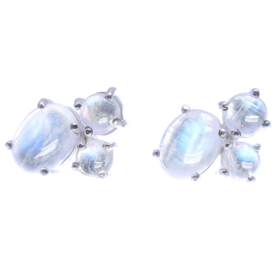 Rainbow Moonstone and Sterling Silver Button Earrings