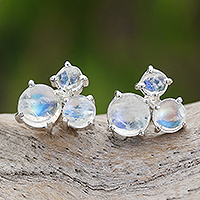 Rainbow moonstone button earrings, 'Fancy Clouds in Round' - Handmade Rainbow Moonstone and Sterling Silver Earrings