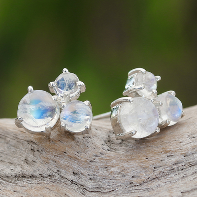Rainbow moonstone button earrings, 'Fancy Clouds in Round' - Handmade Rainbow Moonstone and Sterling Silver Earrings