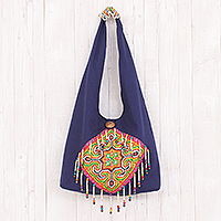 Cotton shoulder bag, 'Summer Vacation' - Hmong-Style Cross Stitch Cotton Shoulder Bag