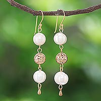 Gold-plated cultured pearl dangle earrings, 'Golden Drizzle'