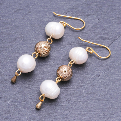 Gold-plated cultured pearl dangle earrings, 'Golden Drizzle' - Gold-Plated Cultured Pearl Dangle Earrings