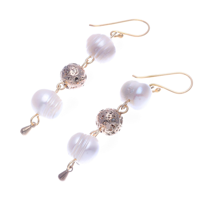 Gold-plated cultured pearl dangle earrings, 'Golden Drizzle' - Gold-Plated Cultured Pearl Dangle Earrings