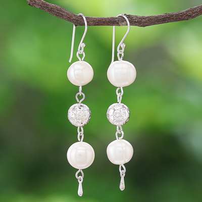 Sterling silver cultured pearl dangle earrings, 'Silver Drizzle' - Sterling Silver and Cultured Pearl Dangle Earrings