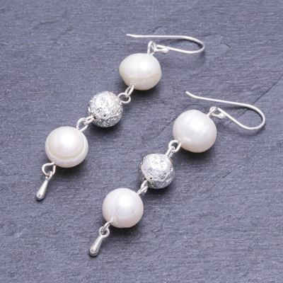 Pendientes colgantes de perlas cultivadas de plata de ley - Aretes colgantes de plata esterlina y perlas cultivadas