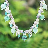 Multi-gemstone beaded necklace, 'Sea Candy in Forest' - Thai Agate and Quartz Beaded Necklace