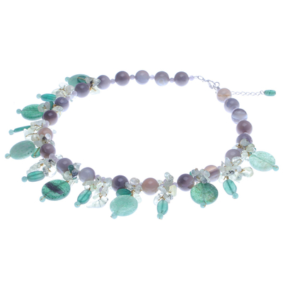 Multi-gemstone beaded necklace, 'Sea Candy in Forest' - Thai Agate and Quartz Beaded Necklace