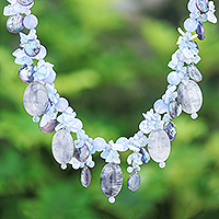 Multi-gemstone beaded necklace, 'Sea Candy in Blueberry' - Thai Chalcedony and Aquamarine Beaded Necklace