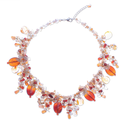 Carnelian and quartz beaded necklace, 'Sea Candy in Orange' - Thai Carnelian and Quartz Beaded Necklace
