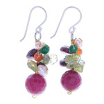 Multi-gemstone dangle earrings, 'Bright Holiday' - Hand Made Garnet and Peridot Dangle Earrings