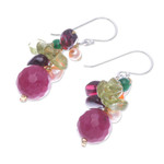 Multi-gemstone dangle earrings, 'Bright Holiday' - Hand Made Garnet and Peridot Dangle Earrings