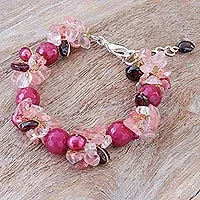 Multi-gemstone beaded bracelet, 'Magenta Charm' - Garnet and Cultured Freshwater Pearl Beaded Bracelet