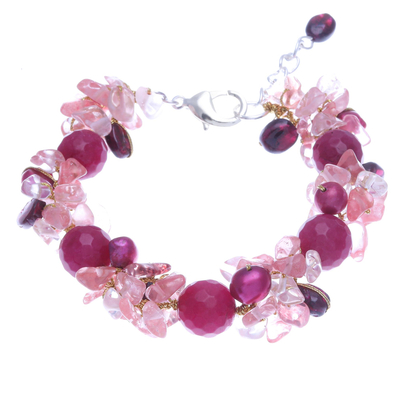 Multi-gemstone beaded bracelet, 'Magenta Charm' - Garnet and Cultured Freshwater Pearl Beaded Bracelet