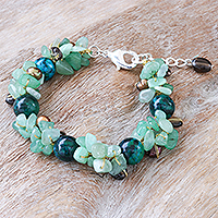 Multi-gemstone beaded bracelet, 'Sea Foam Charm' - Smoky Quartz and Cultured Pearl Beaded Bracelet