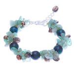 Multi-gemstone beaded bracelet, 'Sea Foam Charm' - Smoky Quartz and Cultured Pearl Beaded Bracelet