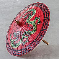 Hand-painted bamboo and paper parasol, 'Lucky Dragon' - Hand-Painted Paper and Bamboo Dragon-Motif Parasol